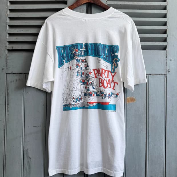 [XL]80's Hanes USA FISHAHOLIC 요트 티셔츠