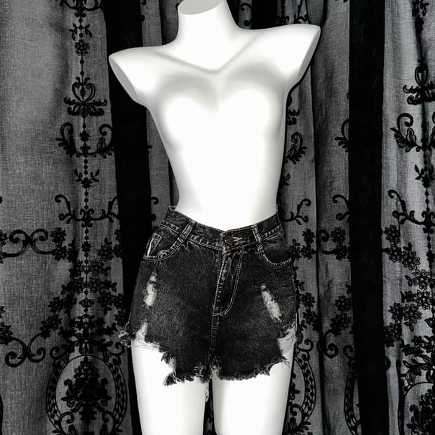 washed black distressed denim shorts