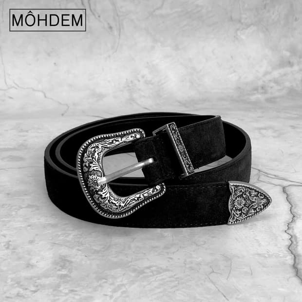 [Unisex] 클래식 웨스턴 스웨이드 가죽 벨트 블랙