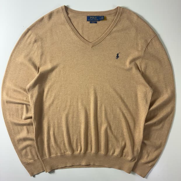 Polo  폴로 랄프로렌 신형 자수 코튼 베이지 브이넥 니트