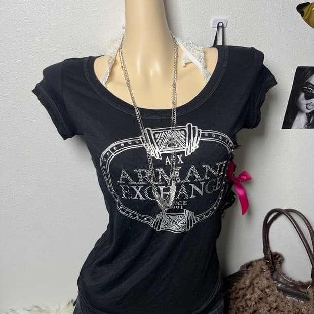 Armani Exchange 글리터 큐빅 반팔티 블랙