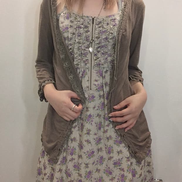 jpn vintage 브라운 레이스 셔링 가디건