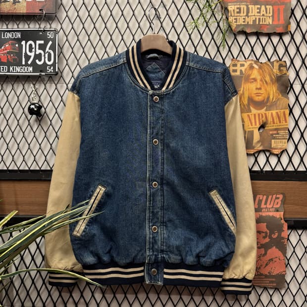 90s USA VINTAGE 데님 바시티자켓 베이지 배색 진청