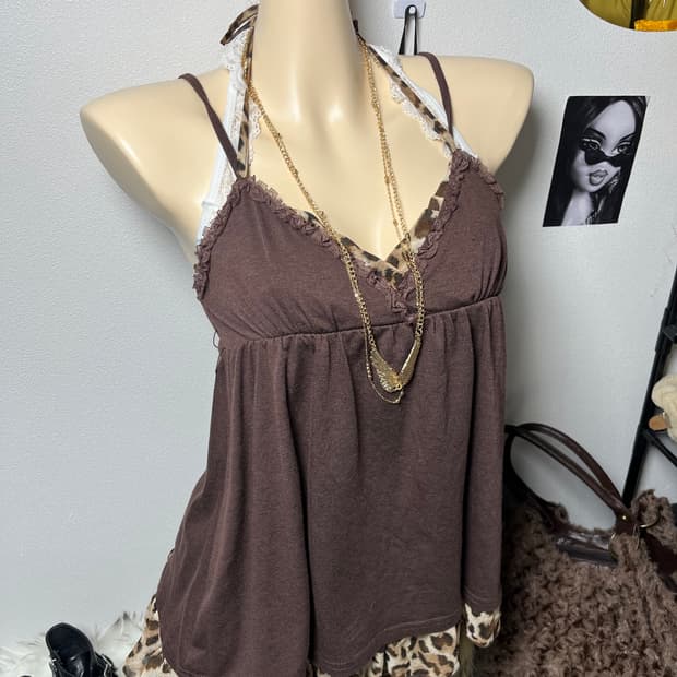 Ingni 호피 갸루 홀터넥 슬리브리스 원피스 나시