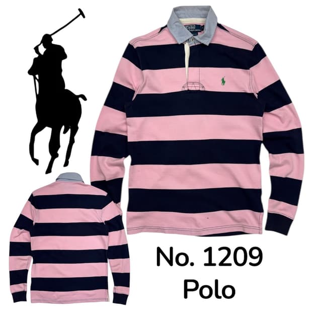 90s 두산 폴로 랄프로렌 핑크 네이비 스트라이프 럭비티 S