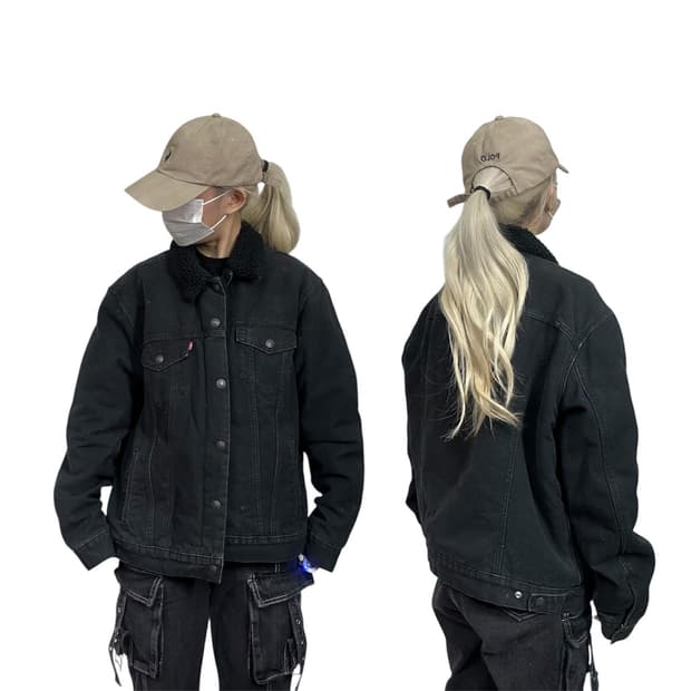 리바이스 일본판 쉐르파 안감 기모 뽀글이 흑청 데님 트럭커 청자켓 L