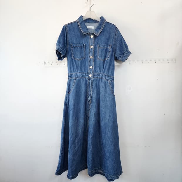 LEELIN 청 데님 반팔 롱 원피스