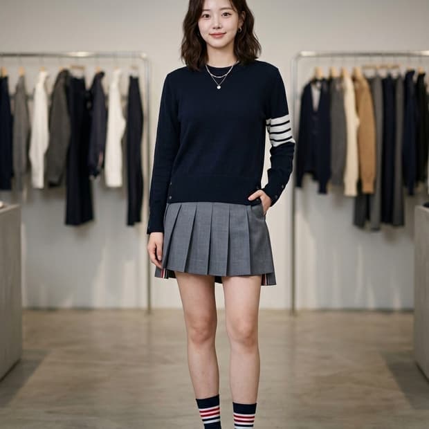 톰브라운 4선 캐시미어 크루넥 니트 다크 네이비