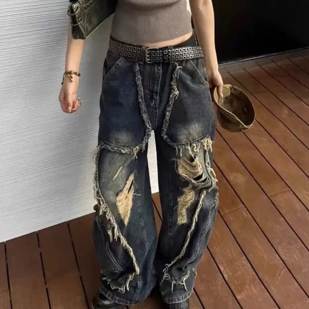 디스트로이드 데미지 워싱 와이드 데님 팬츠 y2k 빈티지 펑크 