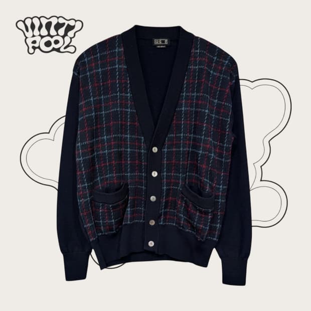 DAKS 닥스 빈티지 브이넥 체크 패턴 울 가디건 L 네이비