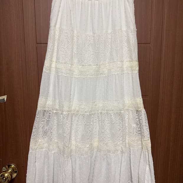 모리걸 하구미 일본 빈티지 레이스 도트 패치워크 화이트 롱 스커트