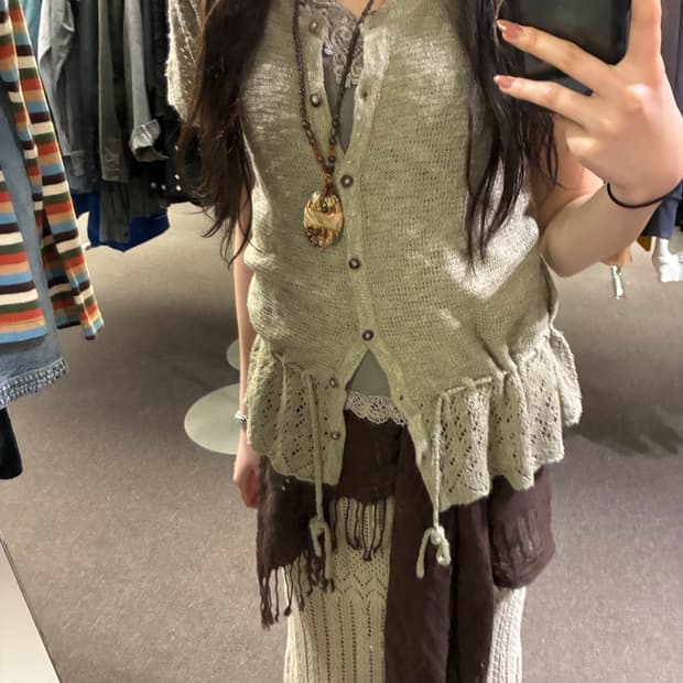 L)Japanese vintage 여성 펀칭 반팔 니트 가디건