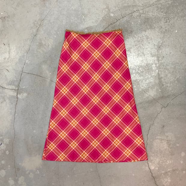 pink and orange check long skirt