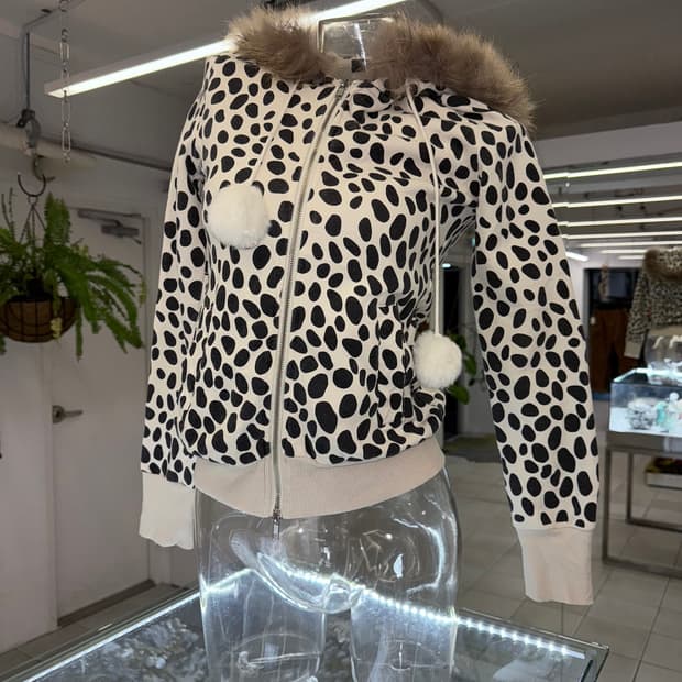 leopard pompom zip up hoodie