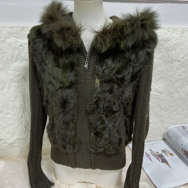 빈티지 말차티  토끼털 후드집업 큐빅 니트자켓