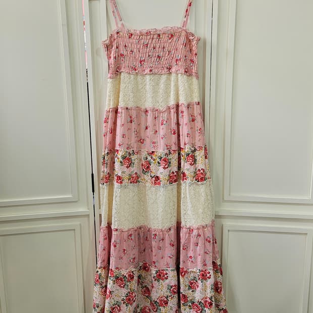 플라워 레이스 롱 원피스 핑크