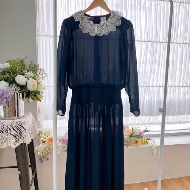 레이스 카라 딥네이비 롱 원피스