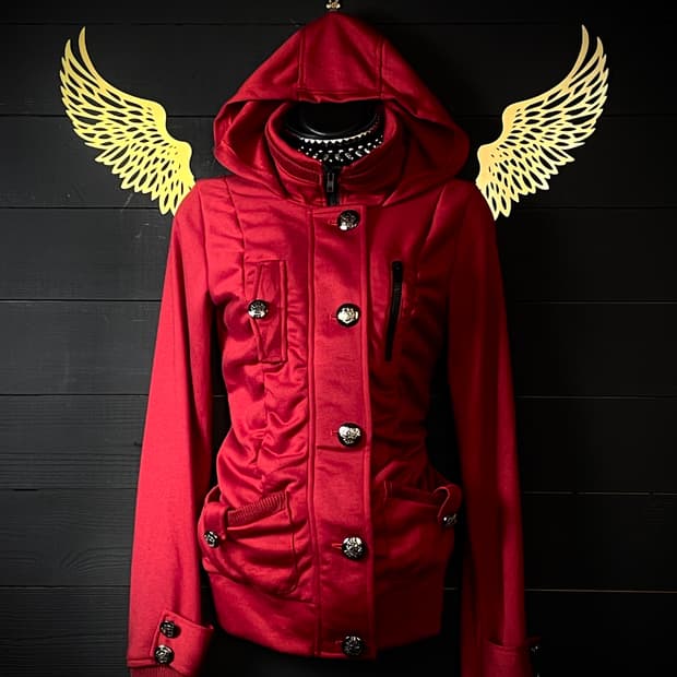 JPN 펑크 골드버튼 금장 레드 후드 셔링 자켓