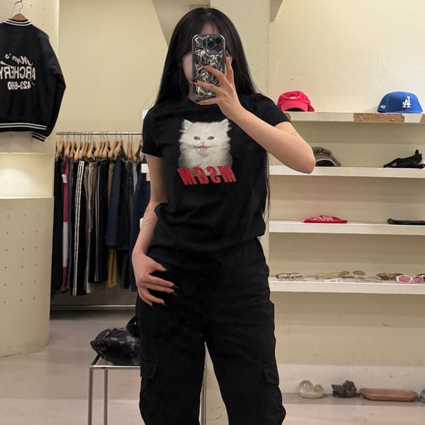 엠에스지엠 고양이 그래픽 프린트 반팔 티셔츠 U1576