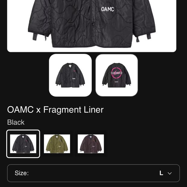 OAMC x 프라그먼트 라이너 검정 L사이즈
