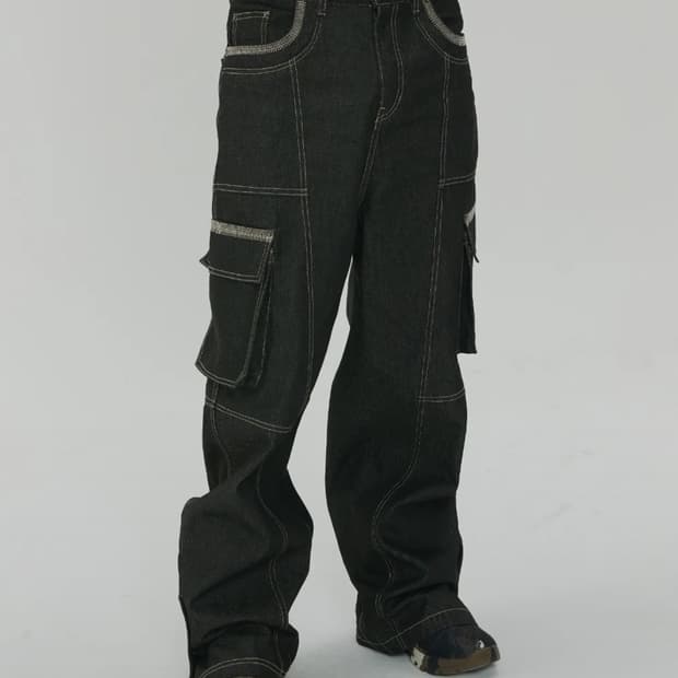 메종미네드 OBLIQUE PATCH DENIM PANTS BLACK