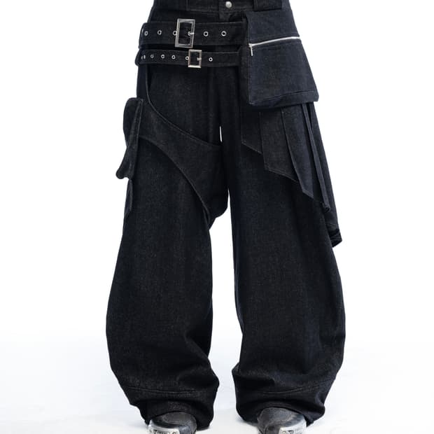 ACCOX-ACX  스커트 벨티드 카고 포켓 데님 팬츠