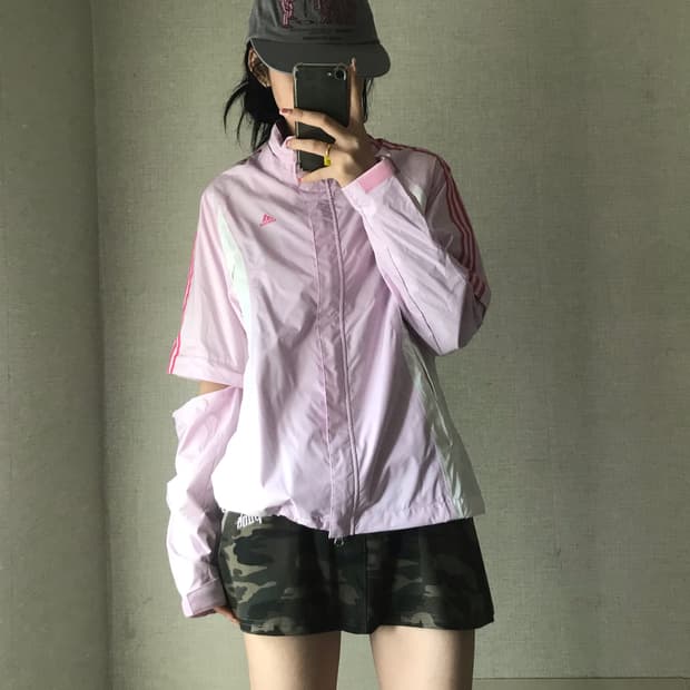 아디다스 핑크 투웨이 절개 바람막이