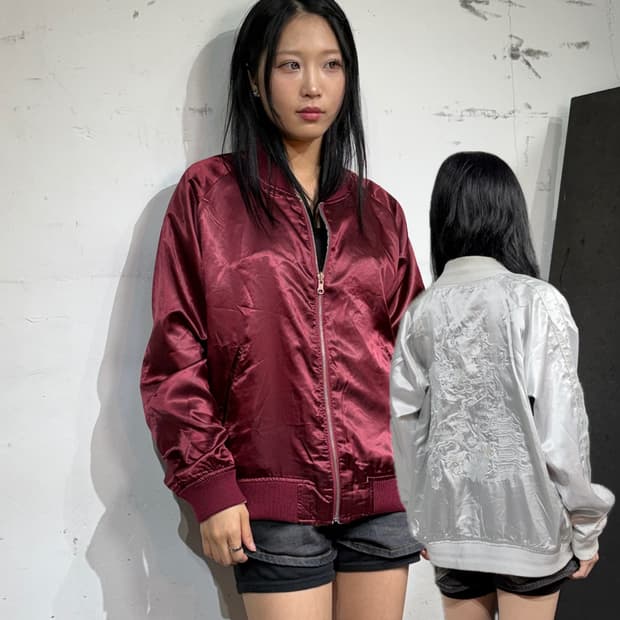 JPN 일본 빈티지 리버시블 양면 사틴 스카잔 용 자수 스카쟌