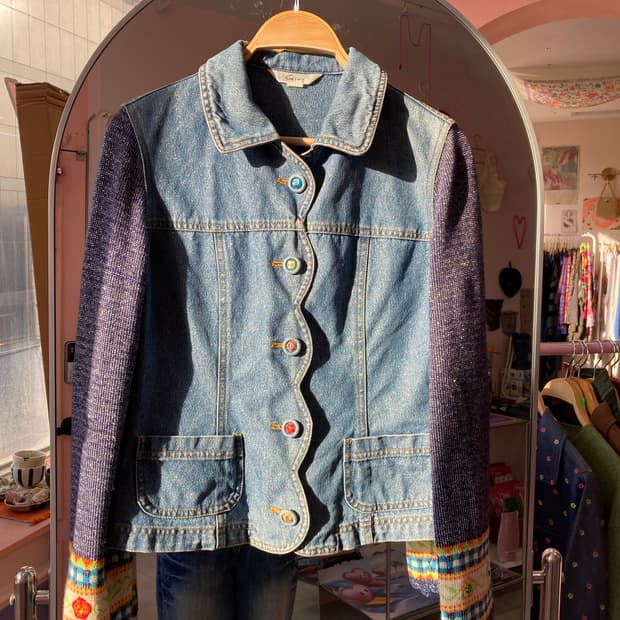 큐트 데님 플라워 버튼 자켓