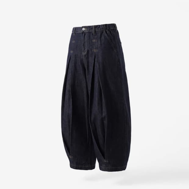 Long Tuck Wing Balloon Denim Pants - Ind