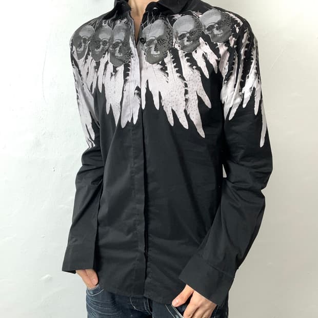 Black Skull & Wing Graphic Rhinestone Sh