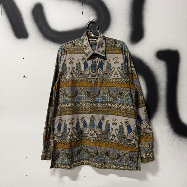 VTG 빈티지 그리스 에스닉 풀 패턴 멀티포켓 코튼 긴팔 셔츠