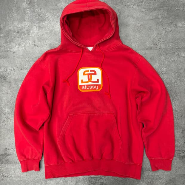 90s 스투시 레드 후드티 로고 프린팅