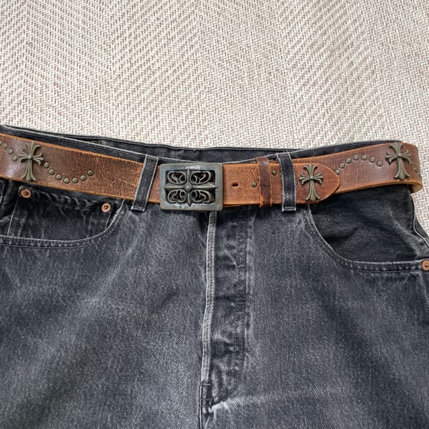 빈티지 웨스턴 크로스 스터드 레더 벨트 