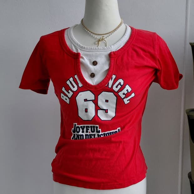 [y2k] 레드 프린팅 반팔 티셔츠 55