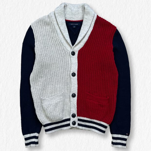타미힐피거 배색 가디건