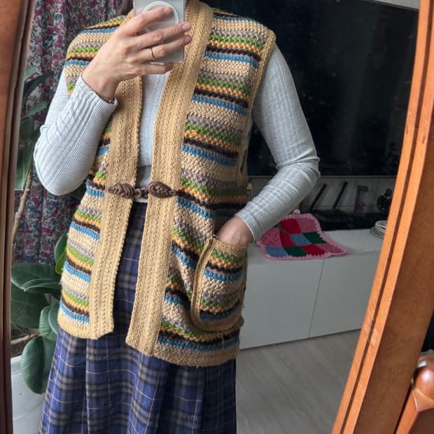 베이지 컬러믹스 빈티지 니트 조끼 베스트