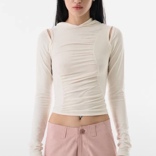 배디 컷아웃 셔링 후드 티셔츠 아이보리