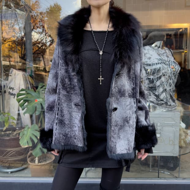 빈티지 블루 블랙 토끼털 가죽 자켓
