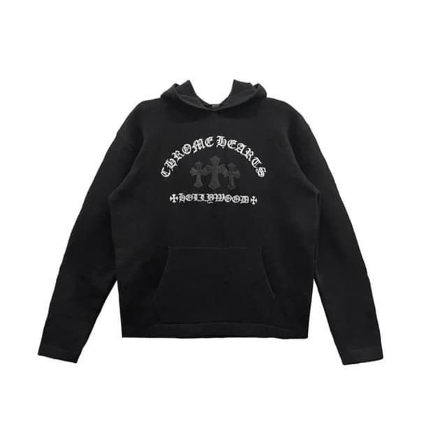 [XL] 크롬하츠 세메터리 크로스 레더 패치 캐시미어 후드 니트 블랙