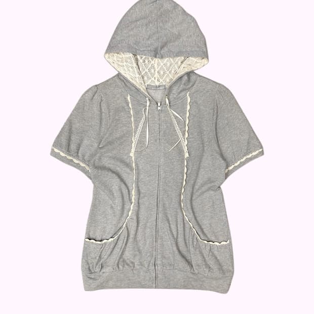 lace line grey hood zip-up