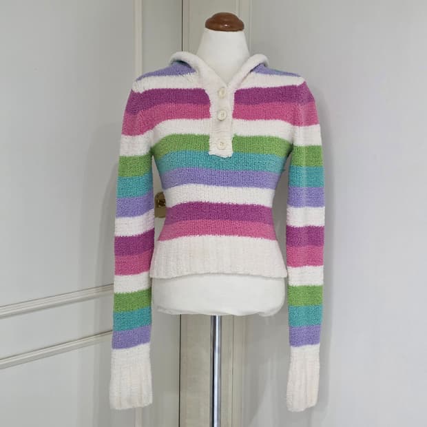 에어로포스테일 미국빈티지)파스텔 y2k 하구미모리걸 스트라이프 후드니트