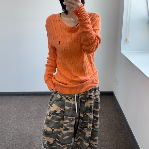 Polo 폴로 네이비 포니 오렌지 케이블 니트 