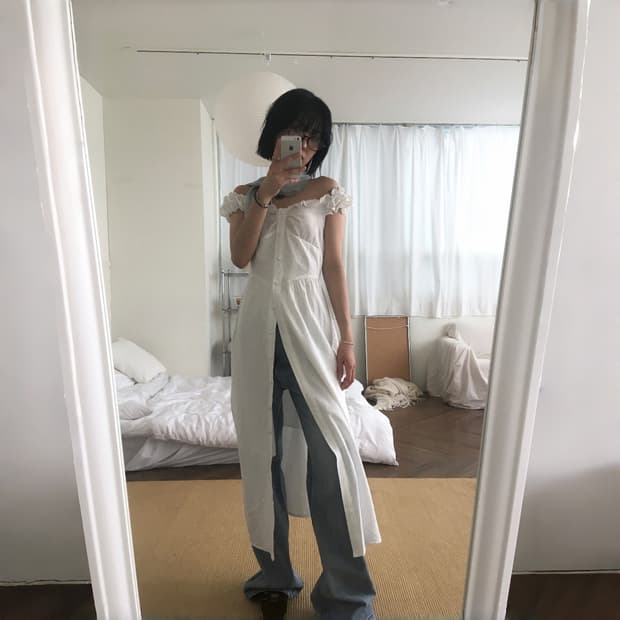 도트 오프숄더 레이어드 맥시 롱 원피스