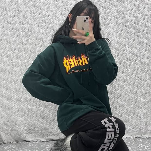 트레셔 스트릿 불꽃로고 딥그린 약기모 후드티 M C08230