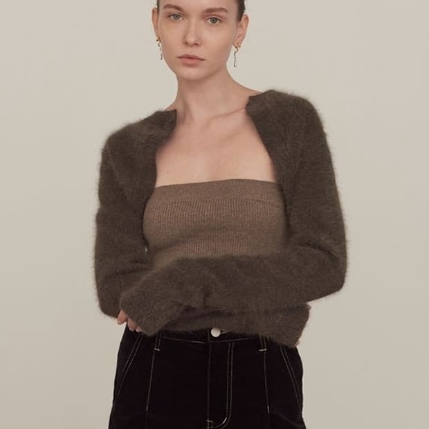 다이애그널 레이어드 튜브 탑 가디건 브라운