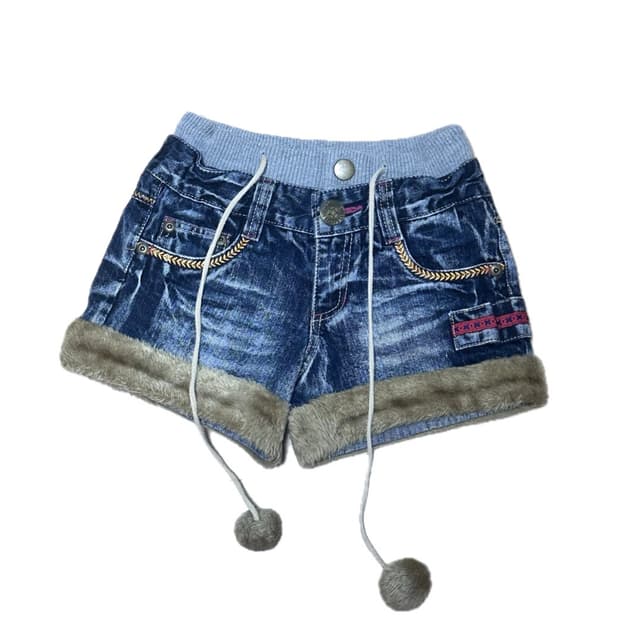 헤이세이 갸루 00s 폼폼이 퍼 숏데님팬츠 키치 오네갸루