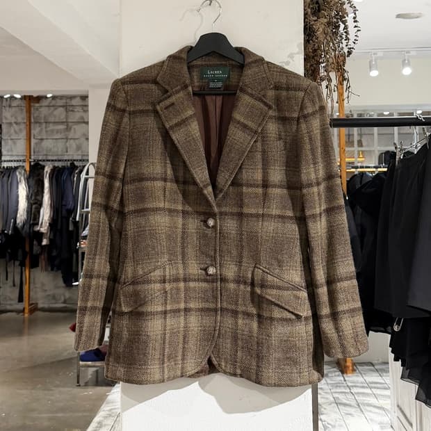 로렌 랄프로렌 브라운 체크 울 싱글 자켓