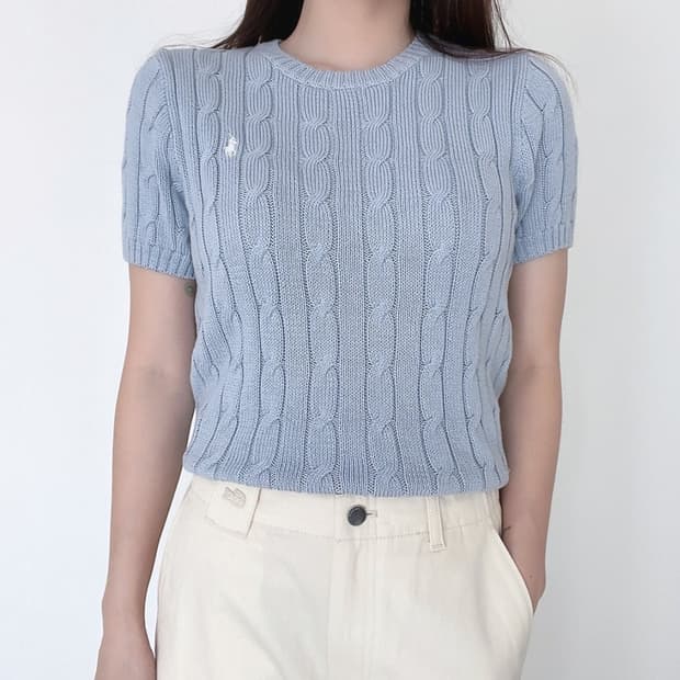 (정품) 폴로 랄프로렌 꽈배기 케이블 반팔 니트 스카이블루 하늘색