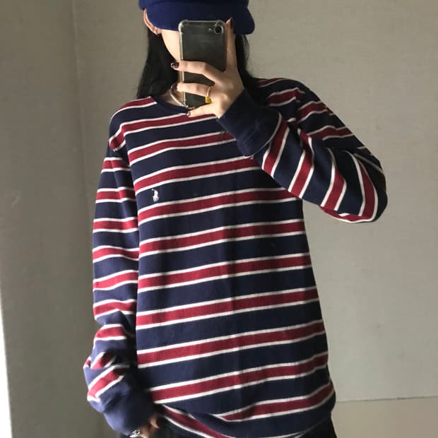 폴로 스트라이프 와플 롱슬리브